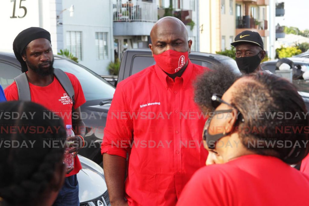 PNM candidate for San Fernando East constituency Brian Manning address supporters during a walkabout in Corinth Hills San Fernando ahead of the 2020 general elections. - Lincoln Holder