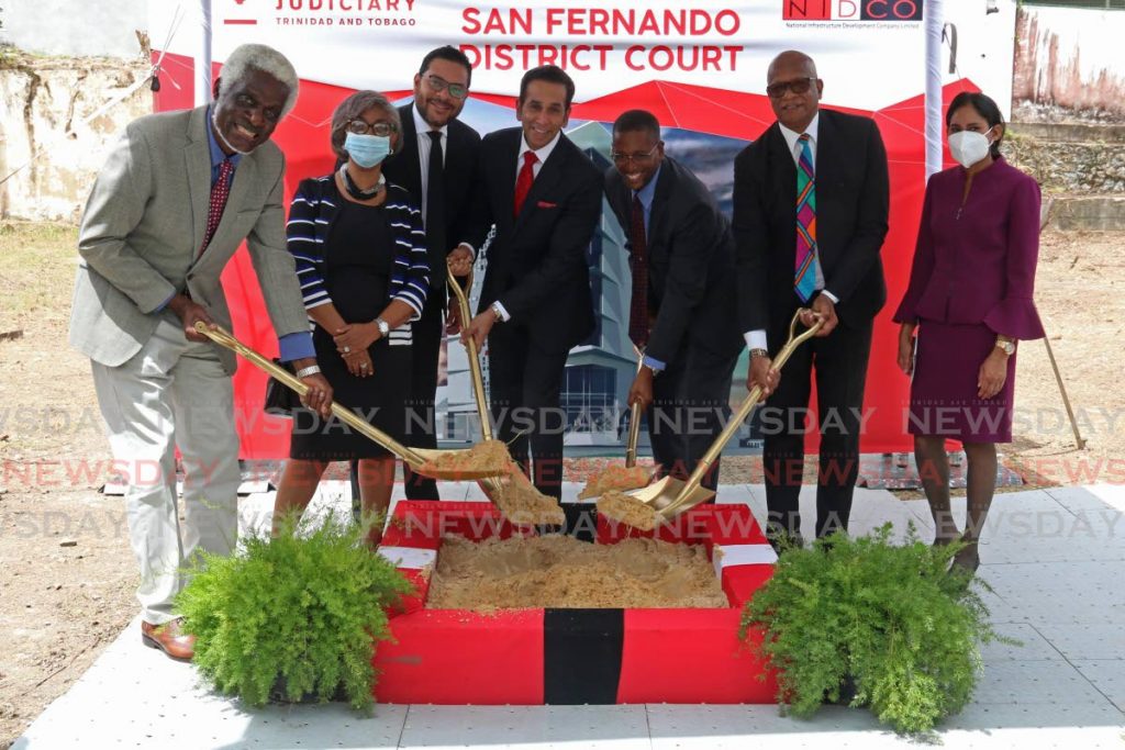 From Left: NIDCO chairman Herbert George, Chief Magistrate Maria Busby Earle-Caddle, Minister of Tourism Randall Mitchell, Attorney General Faris AL-Rawi, Chief Justice Ivor Archie, San Fernando Mayor Junia Regrello and Deputy Mayor Dr Ferri Hosein turns the sod for the San Fernando District Court at the corner of Sutton and Irving Street, San Fernando on Wednesday Morning. - Marvin Hamilton