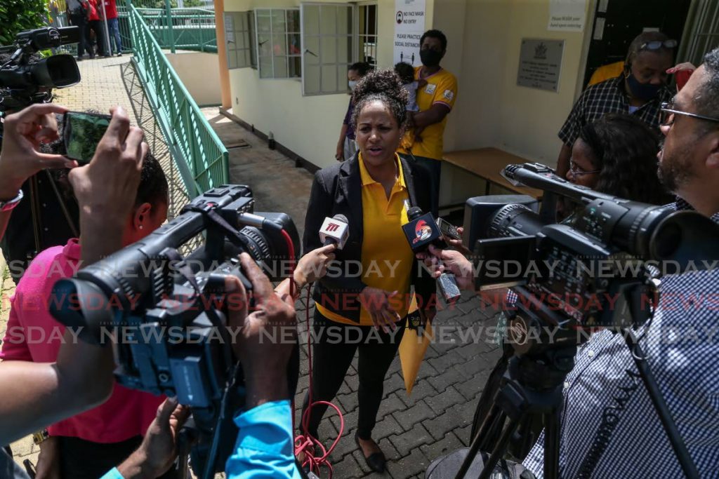 UNC Diego Martin West candidate Marsha Walker speaks to the media after filing nomination papers at Point Cumana Regional Complex, Point Cumana. PHOTO BY JEFF MAYERS - 