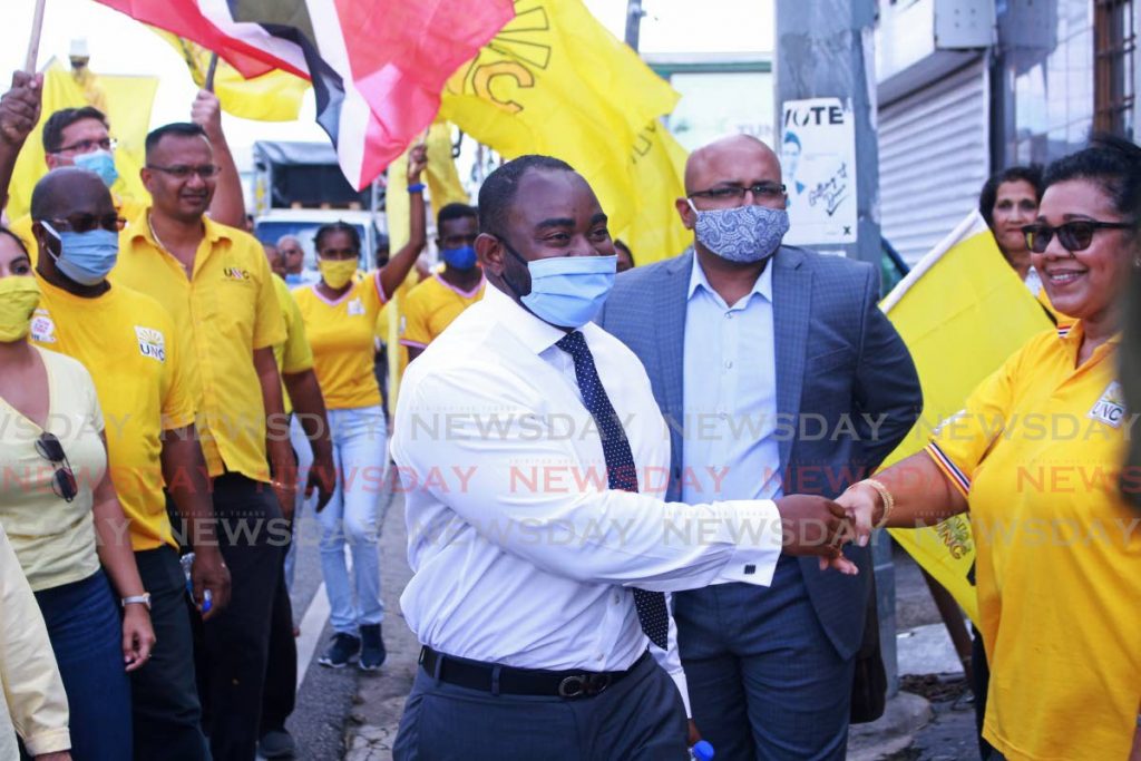 UNC San Fernando West candidate Sean Sobers greets his supporters outside the nomination office on Cipero Street, San Fernando on Friday. PHOTO BY CHEQUANA WHEELER - 