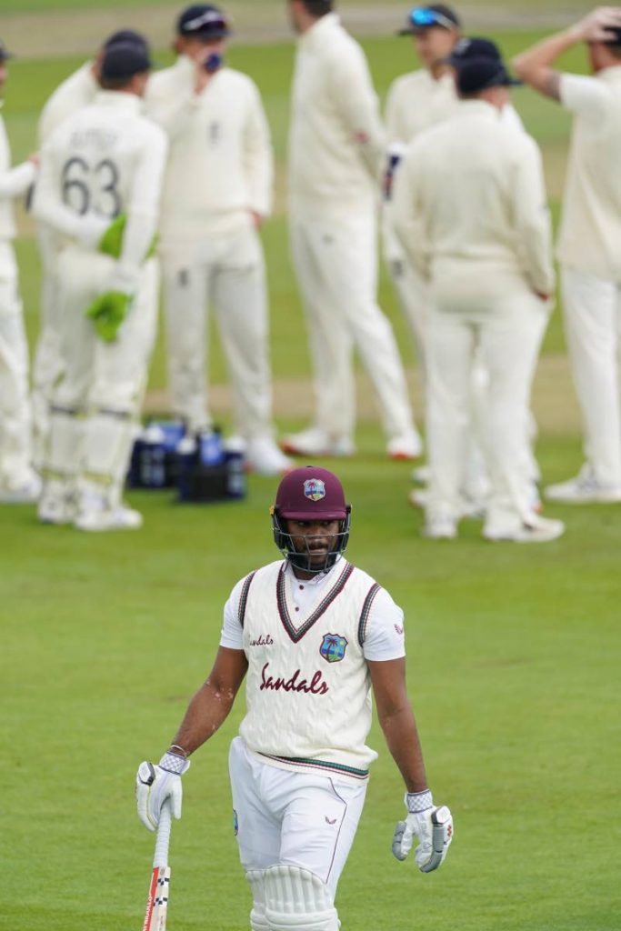West Indies’ John Campbell walks off the field after being dismissed by England’s Stuart Broad during the last day of the second Test match between England and West Indies at Old Trafford in Manchester, England, on Monday. AP Photo - 