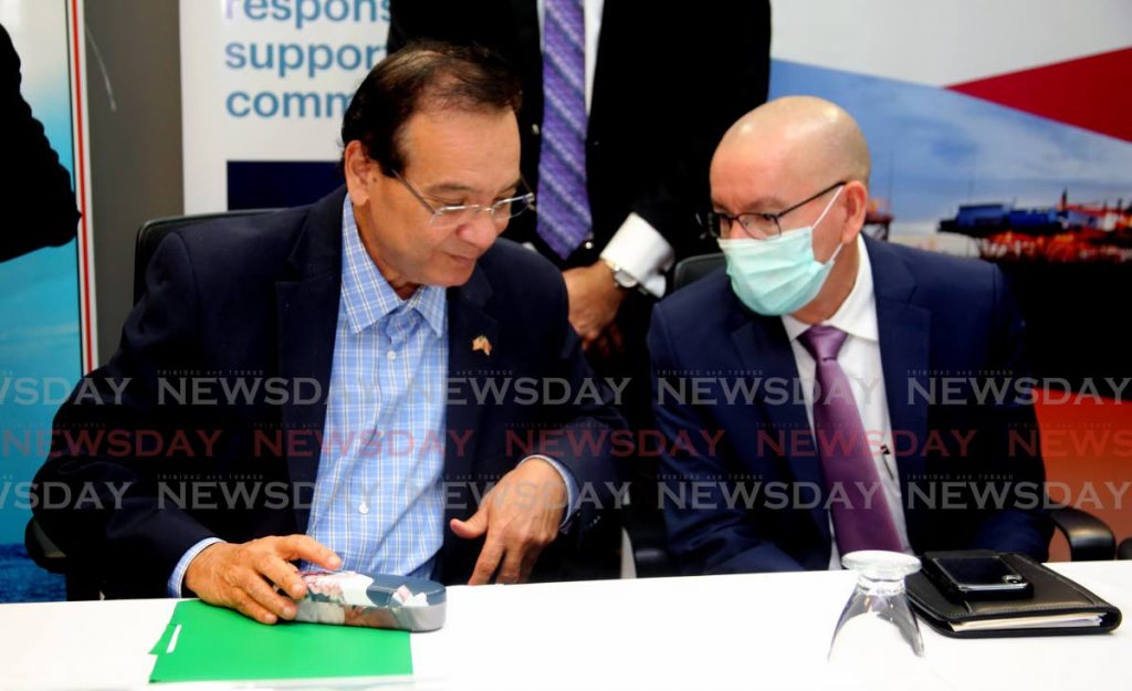 Franklin Khan Minister of Energy and Energy Industries  and Vince Pereira President BHP Trinidad at contract signing ceremony of the gas sales agreement between NGC and Block 3(a) consortium for the Ruby Field at the Energy's Ministry head office at the Waterfront . Port of Spain. - SUREASH CHOLAI