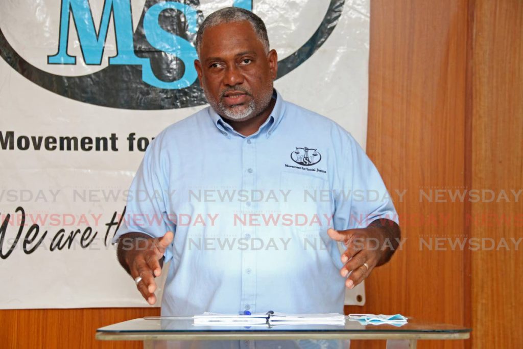 Movement for Social Justice, Point Fortin candidate Ernesto Kesar addresses members of the media on Wednesday morning at MSJ's head office on Lorde Street, San Fernando. - Marvin Hamilton