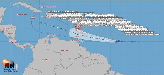 Gonzalo path projected by the TT Met Office at 6.30 am Thursday. IMAGE COURTESY TT MET OFFICE 
