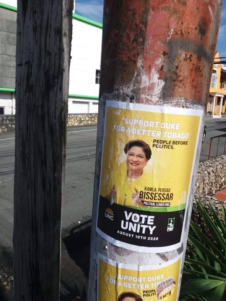 Posters appeared on Sunday in Tobago showing UNC political leader Kamla Persad-Bissessar endorsing PDP leader Watson Duke for the August 10 general election. The PDP and UNC on Sunday denied having anything to do with the posters. - 
