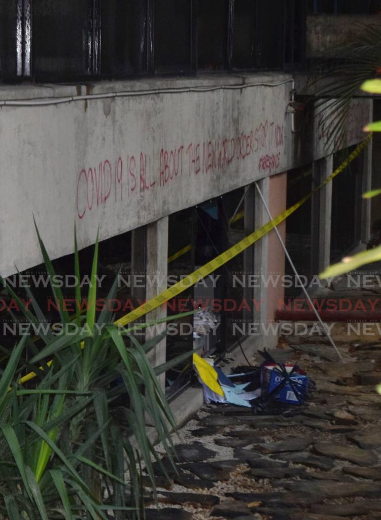 Anti-covid19 graffiti is being investigated in a case of suspected arson at the Health Ministry on Saturday morning. PHOTO BY VIDYA THURAB - 