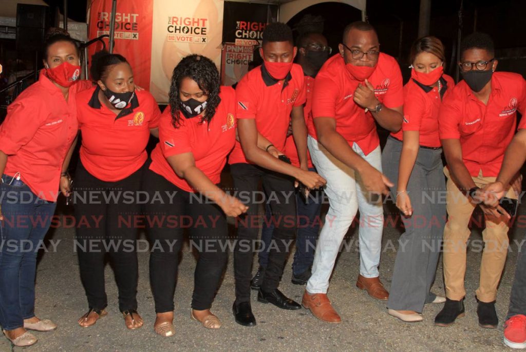 BALISIER DANCE: PNM PRO Laurel Lezama-Lee Sing, left, joins in a dance at Balisier House on Monday after the party was declared winner of the general election. PHOTO BY AYANNA KINSALE - Ayanna Kinsale