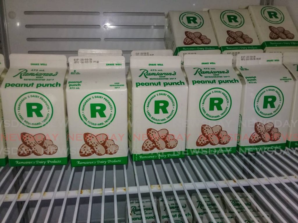 Ramsaran's peanut punch on display at a supermarket on Wednesday before the items were removed from the shelves. - SUREASH CHOLAI