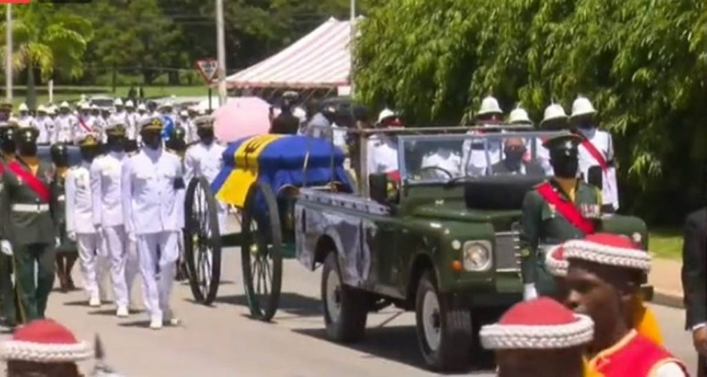 Soldiers escort the body of former Barbados PM Owen Arthur through the streets of Barbados - Screengrab from Barbados GIS