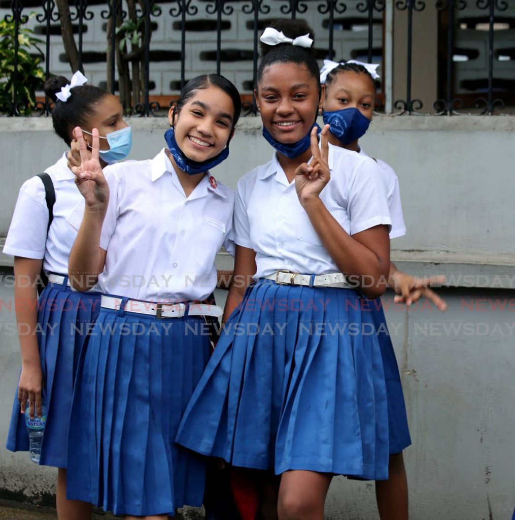 Sacred Heart Girls' RC School students after the SEA exam on August 20. Monsignor Christian Pereria in an open letter to children encourages them to commit to learning as schools operate online from September 1. - SUREASH CHOLAI