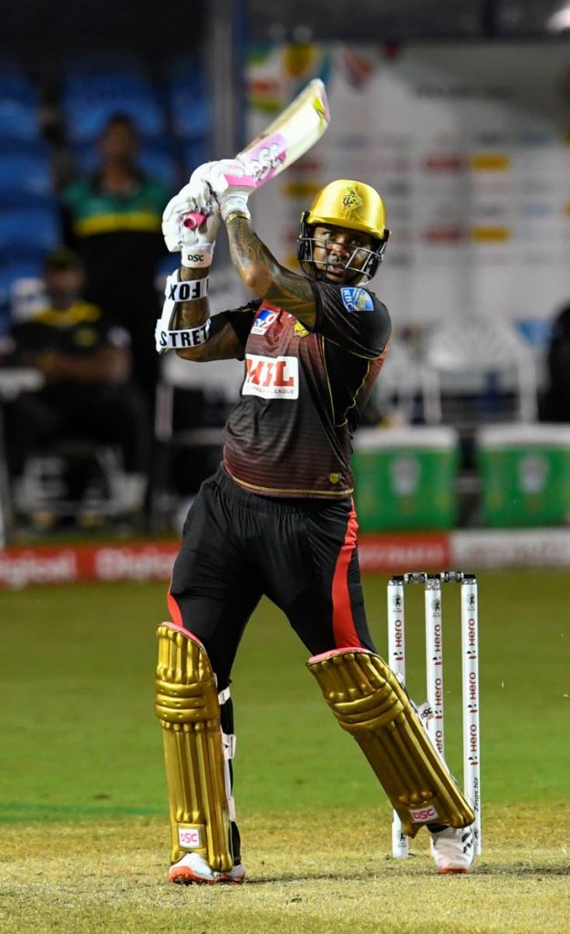 Trinbago Knight Riders opening batsman Sunil Narine on the attack against Jamaica Tallawahs in the Hero CPL at the Brian Lara Cricket Academy in Tarouba on Thursday. PHOTO BY CPL T20 - 