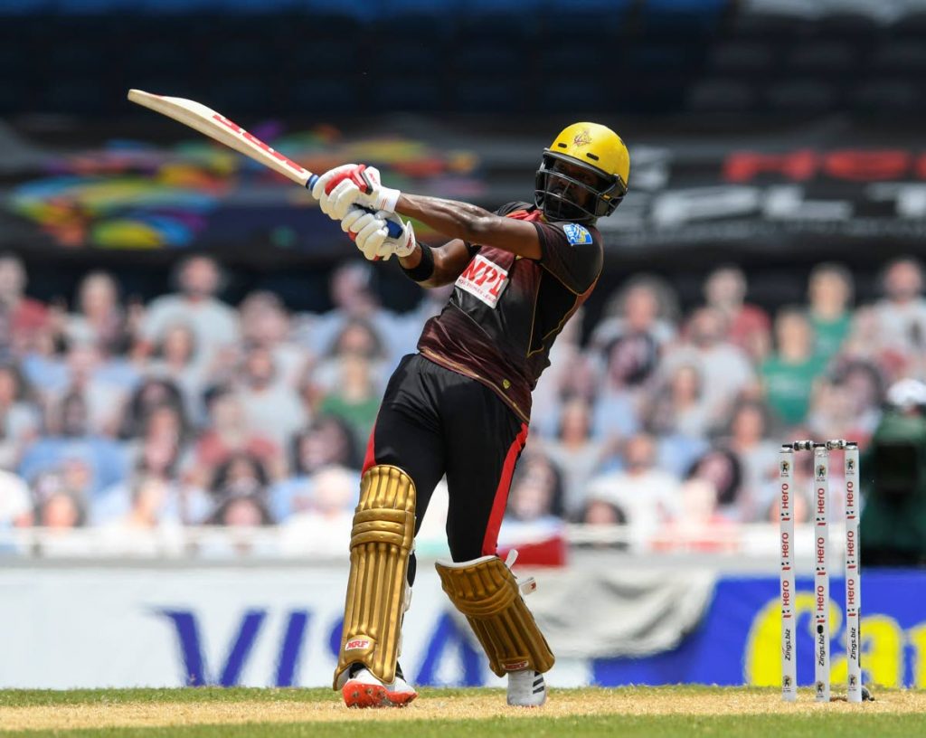 ON THE ATTACK: Darren Bravo of Trinbago Knight Riders hits a six in a Hero Caribbean Premier League match against Barbados Tridents at Brian Lara Cricket Academy on Sunday in Tarouba. PHOTO BY CPL T20 - 