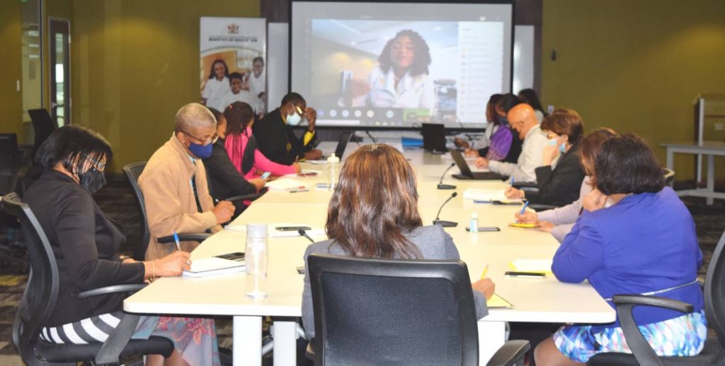 Minister of Education Dr Nyan Gadsby-Dolly, on screen, chairs a virtual meeting with education stakeholders on Wednesday. - MINISTRY OF EDUCATION