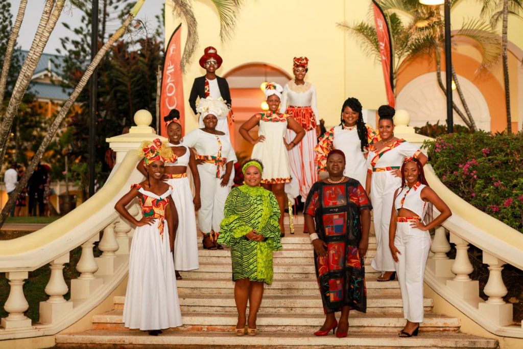 Miss Tobago Heritage Personality 2020 contestants with Tobago Festivals Commission chairman Dr Denise Tsoiafatt-Angus (left) and director Cindy-Lou Edwards. - TOBAGO FESTIVALS COMMISSION