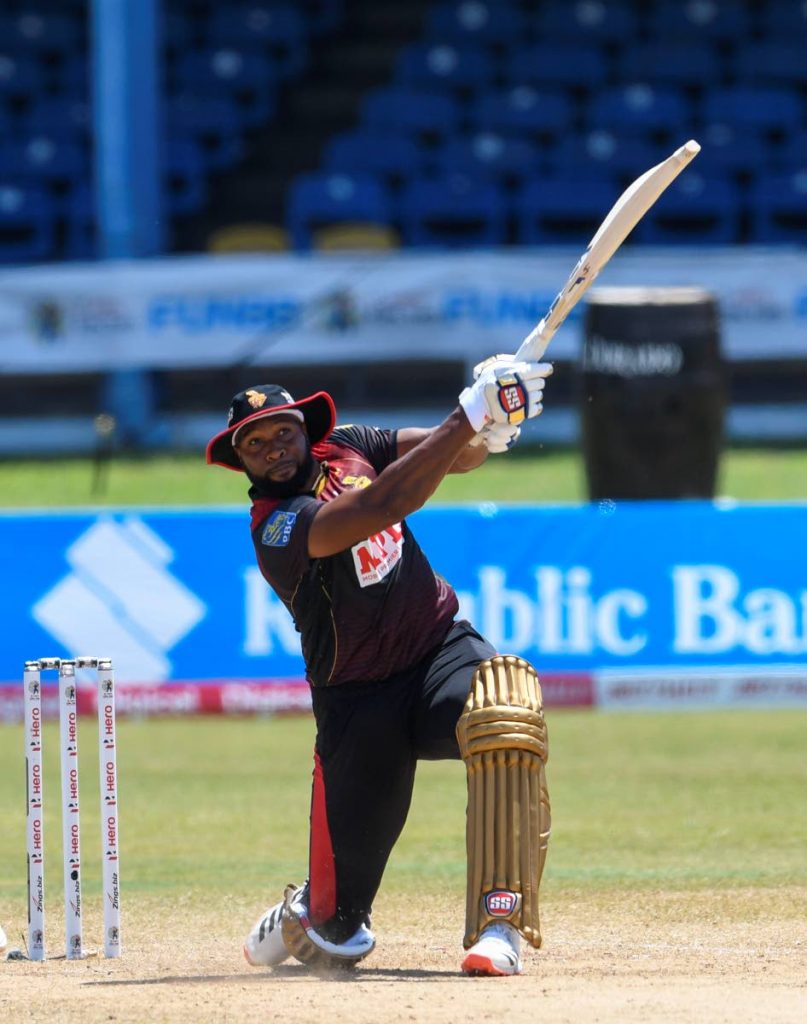 Captain Kieron Pollard, of Trinbago Knight Riders, smashes a six during the Hero Caribbean Premier League match 17 between Barbados Tridents and Trinbago Knight Riders, at Queen’s Park Oval, on Saturday.  - CPL T20 via Getty Images