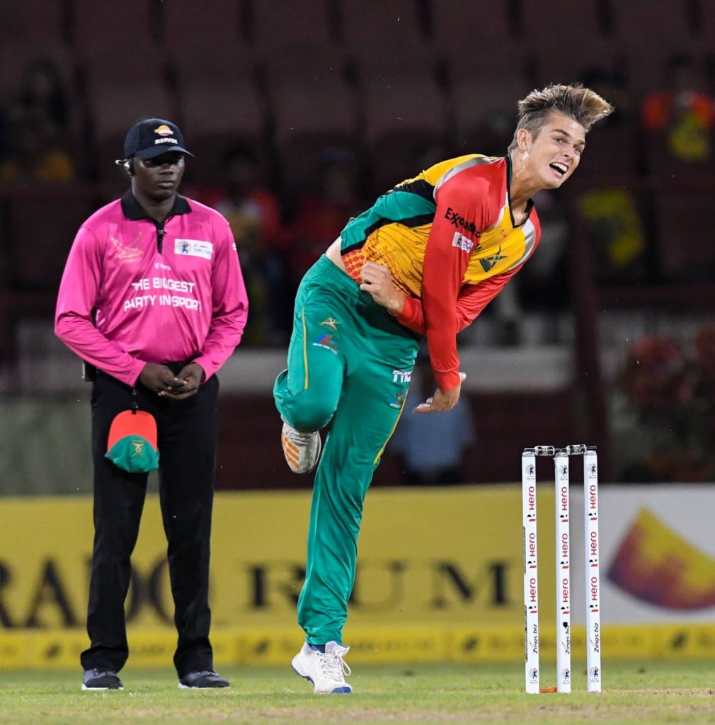 Guyana Amazon Warriors captain Chris Green bowls  during a 2018 CPL match. PHOTO COURTESY CPL T20 - 