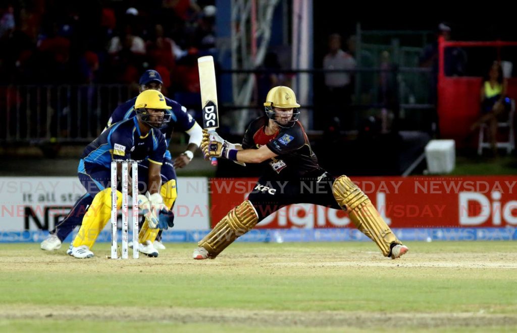 TKR's Colin Munro bats during a 2019 Hero CPL T20 match against the Barbados Tridents, at the Queen's Park Oval, Port of Spain. - 
