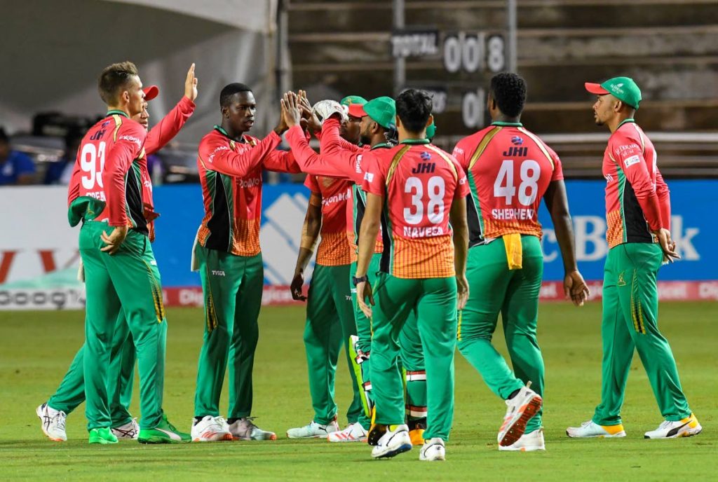 In this September 2020 file photo, Guyana Amazon Warriors celebrates taking a wicket during the Hero Caribbean Premier League match 24 between St Lucia Zouks and Guyana Amazon Warriors at Brian Lara Cricket Academy, Tarouba. CPL T20 via Getty Images