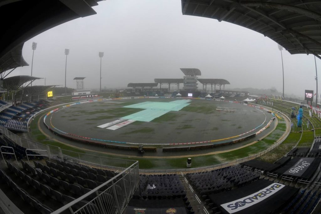 A drenched outfield at the Brian Lara Cricket Academy, Tarouba on Thursday after rain stopped play during the Hero Caribbean Premier League match 25 between Jamaica Tallawahs and St Kitts/Nevis Patriots. (Photo by CPL T20 via Getty Images) - 