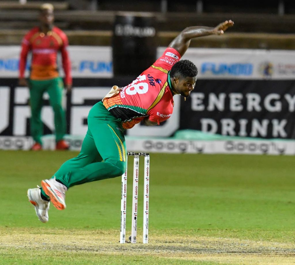 Romario Shepherd of Guyana Amazon Warriors bowling during the Hero Caribbean Premier League match 26 between Barbados Tridents and Guyana Amazon Warriors at the Brian Lara Cricket Academy, Tarouba on Thursday. (Photo by CPL T20 via Getty Images) - 
