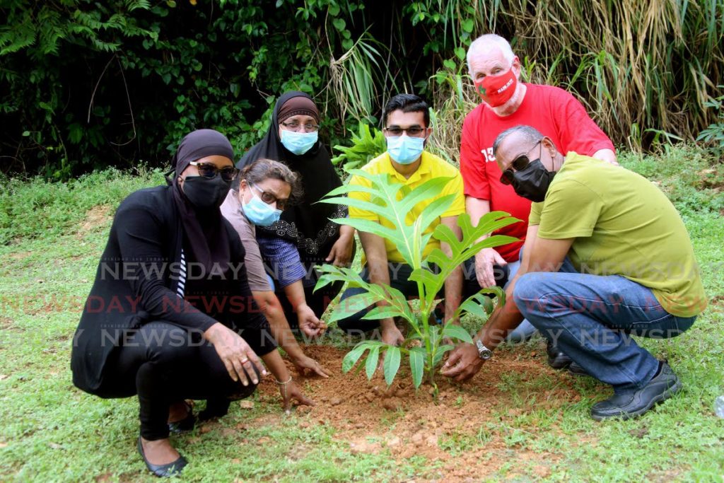Barataria/San Juan MP Saddam Hosein and, centre, Nafeesa Mohammed, third from left join community members in planting a breadfruit tree at the Himalaya Club grounds in Barataria, Sunday. Others in photo, from left, are Councillor Racquel Ghany, Sharon Maraj Dharam, Raul Bermudez who provided the tree, and Imbrahim Ali. - Sureash Cholai