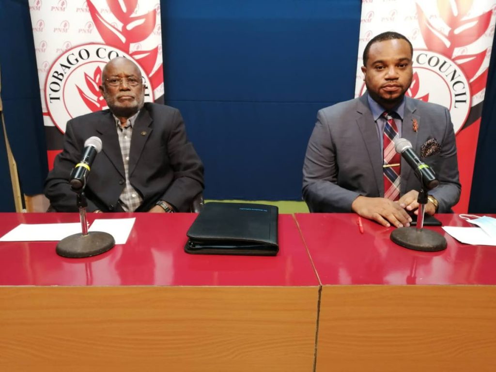 PNM Tobago Council chairman Stanford Callender, left, and PRO Kwesi DesVignes address members of the media virtually on Monday. - PNM Tobago Council