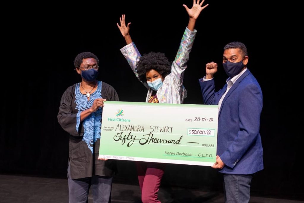  An elated Alexandra Stewart, centre, the 2020 Slam Champion winner of the $50,000 cash prize courtesy title sponsors First Citizen, is flanked by Slam Poetry head judge Funso Aiyejina, left, and First Citizens' Larry Olton. - 