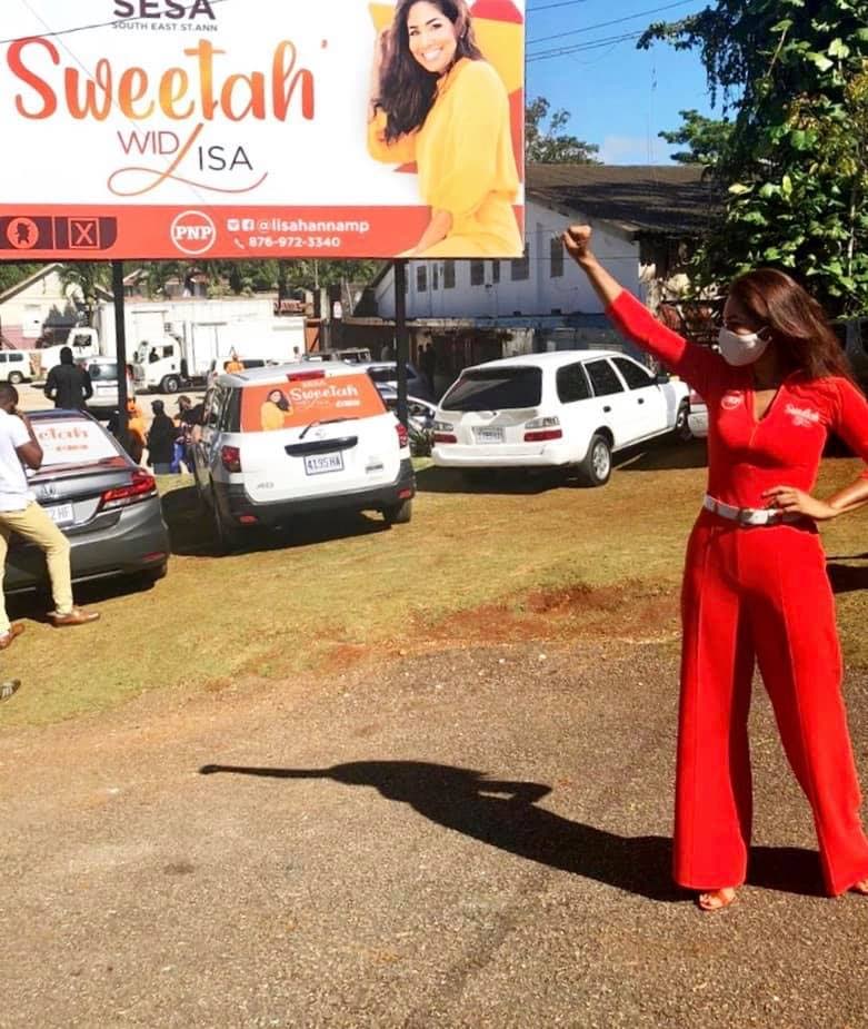 Jamaican MP Lisa Hanna campaigning in her constituency for Jamaica's 2020 general election. - Lisa Hanna Facebook page