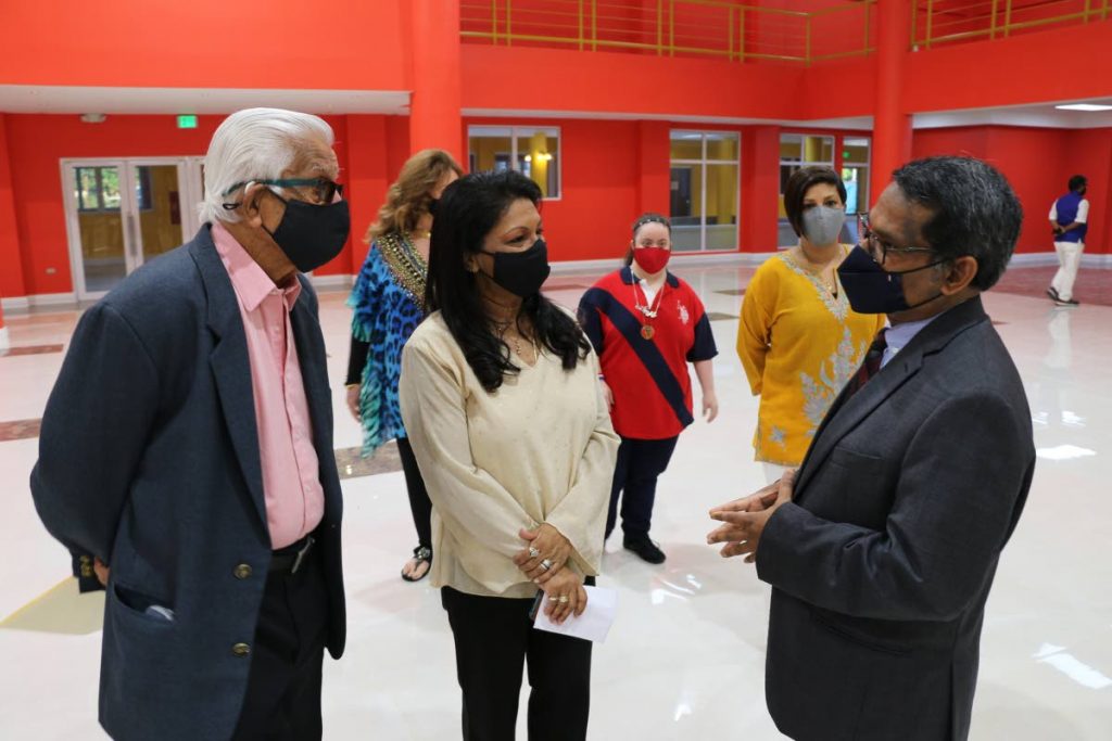 Former prime minister Basdeo Panday (left) and his wife Oma (second from left) speak with High Commissioner of India to TT Arun Kumar Sahu on Thursday at the newly constructed Mahatma Gandhi of Cultural Cooperation at the Mt Hope Complex. Looking on (background right) is Panday's daughter Mickela.  - Courtesy Indian High Commission
