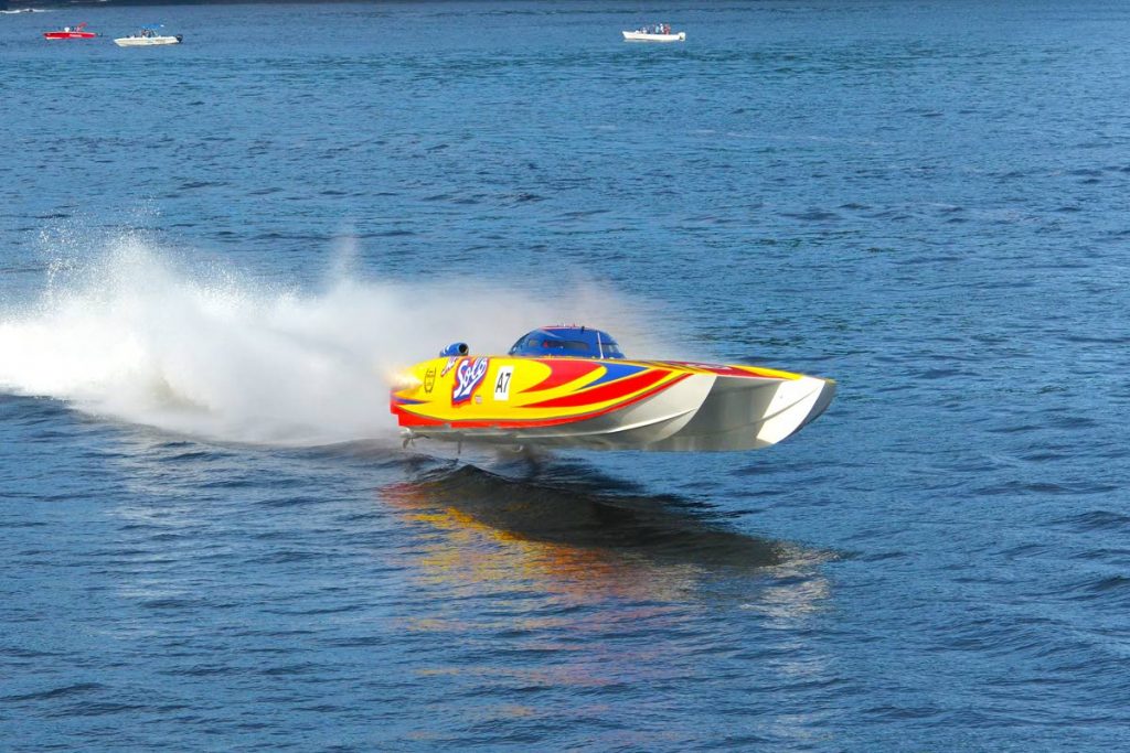 File photo: Mr Solo, driven by Ken Charles, cuts across the water at a past edition of the TT Great Race.  