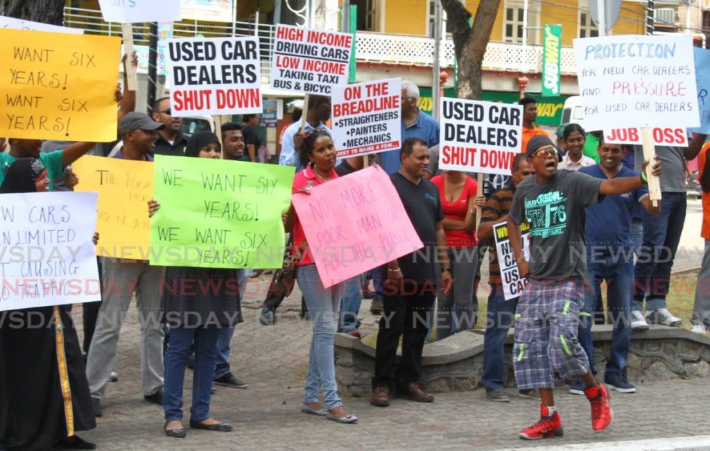 FLASHBACK: Used car dealers protest outside the Ministry of Trade in Port of Spain in February, 2015. - ROGER JACOB