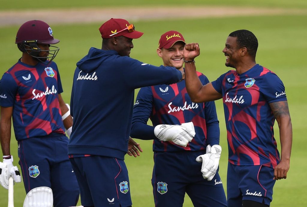 In this June 23 file photo, Shannon Gabriel (right) celebrates a dismissal with captain Jason Holder (second from left) and wicketkeeper Joshua Da Silva (second from right) during the first day of the West Indies inter-squad warm-up match between the Jason Holder XI and the Kraigg Brathwaite XI at the Emirates Old Trafford, England. Also in photo is Kraigg Brathwaite. PHOTO COURTESY WINDIES CRICKET FACEBOOK PAGE.