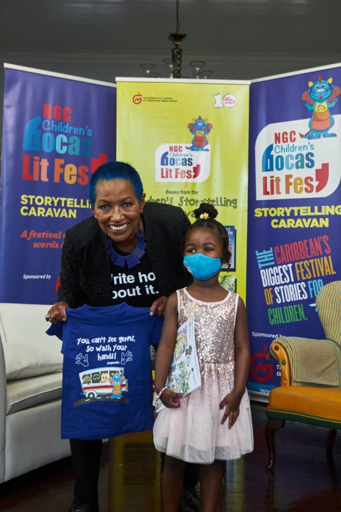 Director of the NGC Children’s Bocas literary festival Danielle Delon with five-year-old author Coryn Clarke at the launch of the Dragonzilla short story challenge in September. Twenty two finalists have been chosen for the second round where they have to share videos of themselves reading their stories. - 