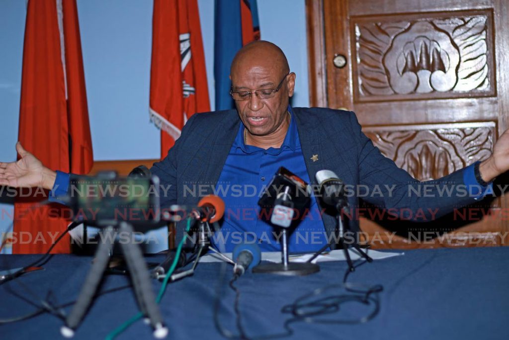 OWTU President Ancel Roget at a press conference on Sunday at the Paramount Building, Circular Road, San Fernando. - CHEQUANA WHEELER