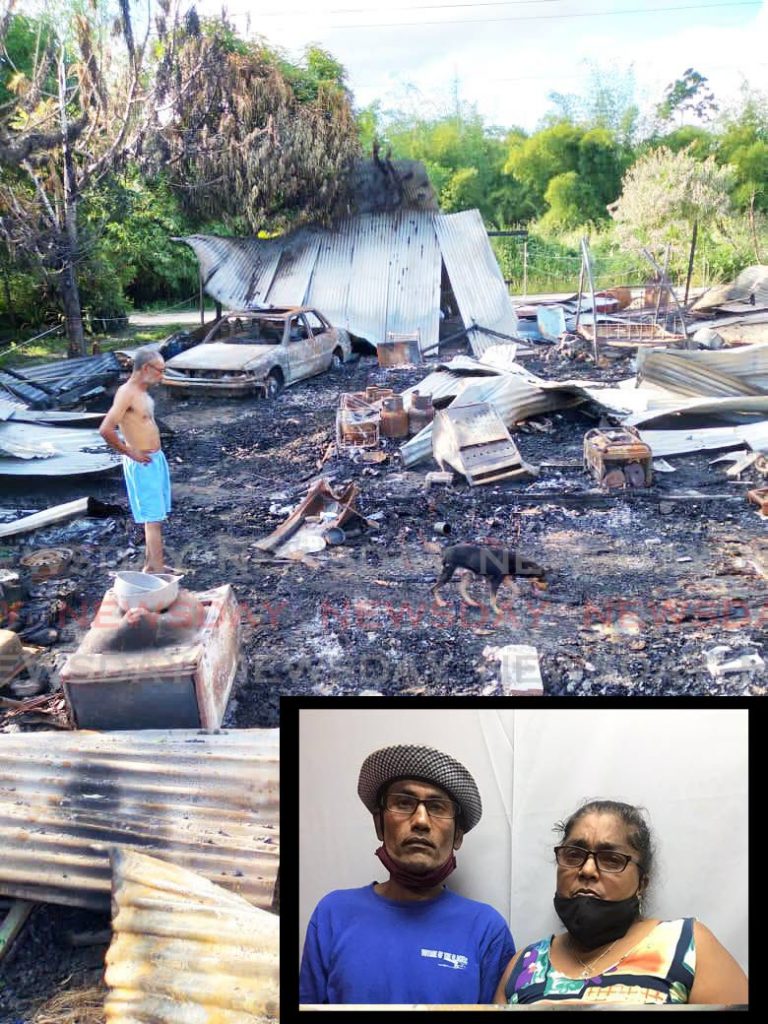 ALL GONE: Penal couple Ramsaran Dhanraj and Indra Ramkissoon, both seen inset, lost their home to a fire on November 4. Since then, Dhanraj has been sleeping under sheets of galvanise on the property while Ramkissoon is staying elsewhere with relatives.  
