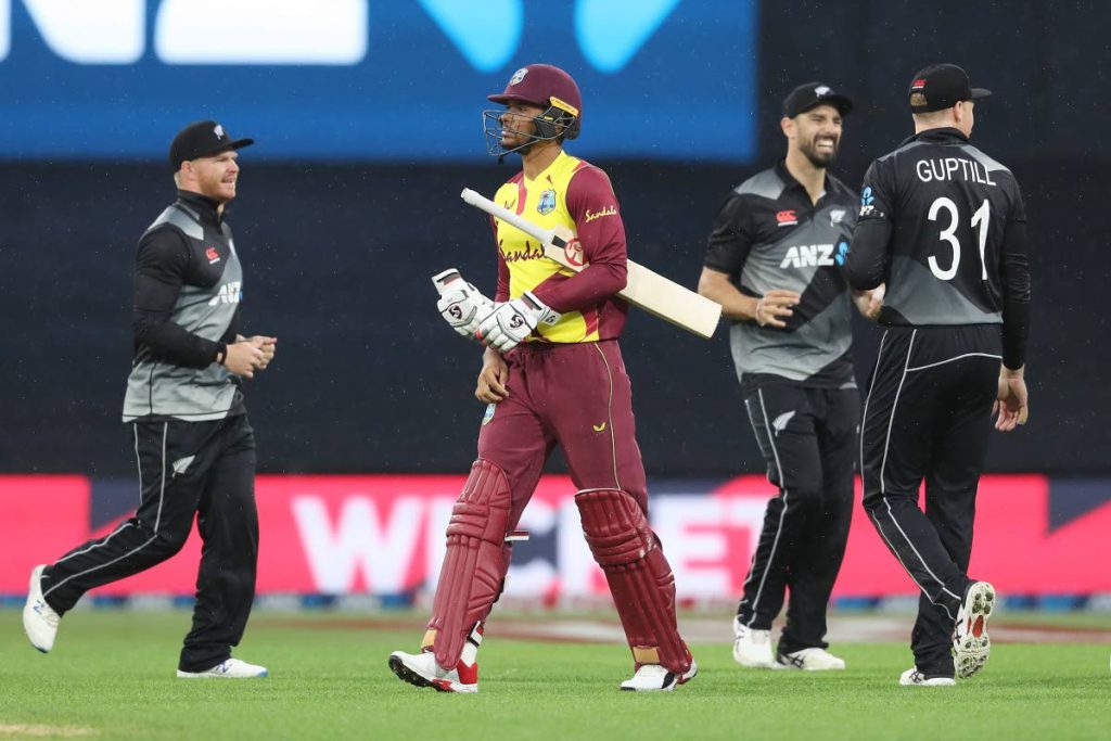 West Indies’ Brandon King is dismissed during the third Twenty20  between New Zealand and the West Indies at the Bay Oval in Mount Maunganui on Monday. Windies lost the series 2-0. - (AFP PHOTO)