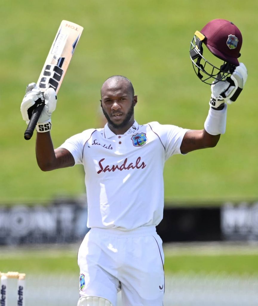 West Indies’ batsman Jermaine Blackwood celebrates making a century against New Zealand during play on day four of their cricket test in Hamilton, New Zealand, on Saturday. via AP - 