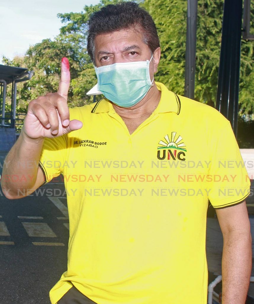 Newly elected UNC deputy political leader Dr Lackram Bodoe after he voted in the party’s internal election on Sunday at Naparima College.  - CHEQUANA WHEELER