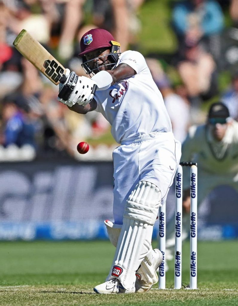 West Indies' Jermaine Blackwood bats against New Zealand during play on the second day of their second Test at Basin Reserve in Wellington, New Zealand, on Saturday. (via AP) - 