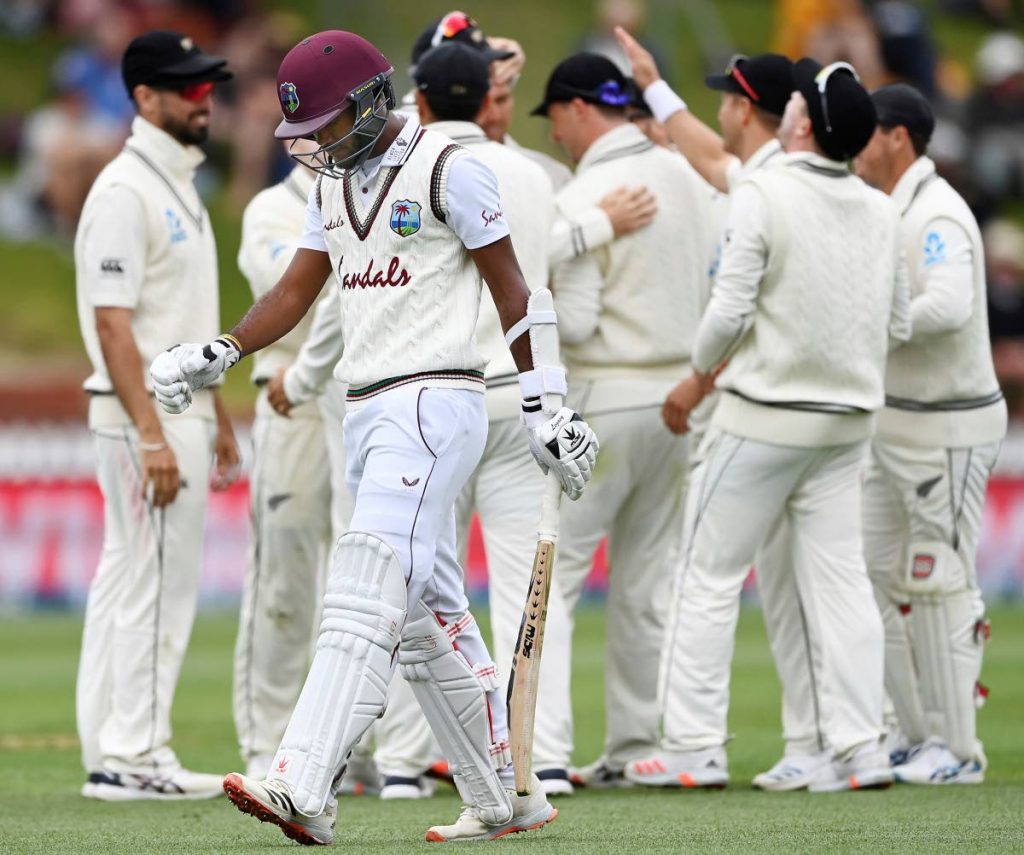 West Indies’ batsman Kraigg Brathwaite walks off after being caught by New Zealand’s Will Young during play on the third day of their second Test at Basin Reserve in Wellington, New Zealand, on Saturday. via AP - 