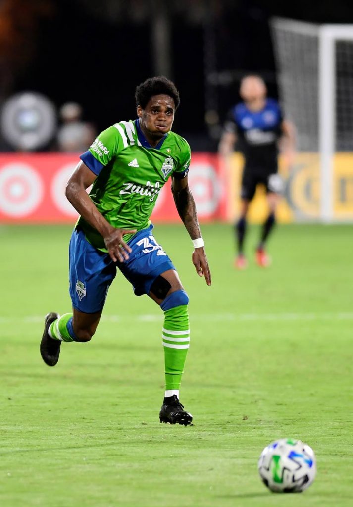 In this July 10, 2020 file photo, Joevin Jones of Seattle Sounders carries the ball during their game against the San Jose Earthquakes in the MLS Is Back Tournament at ESPN Wide World of Sports Complex in Reunion, Florida. (AFP PHOTO) - 
