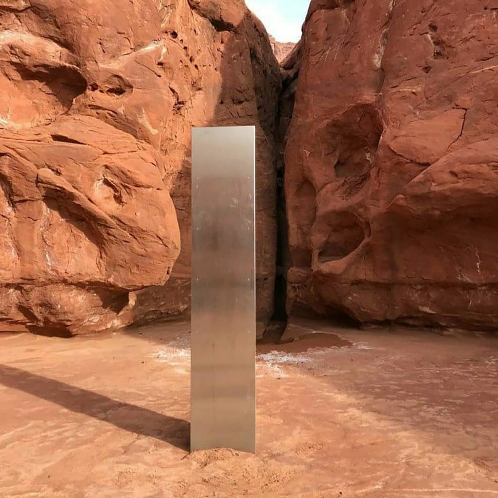 The shiny metal plinth found in Utah on November 23. It mysteriously disappeared several days later. - 