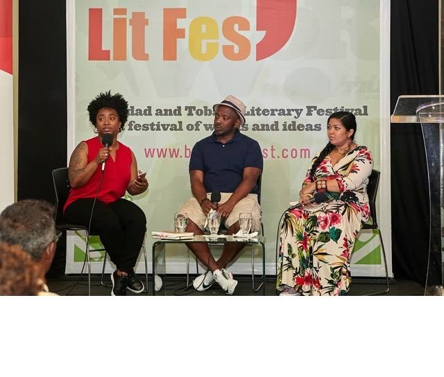 Ayanna Gillian Lloyd, left, Uganda-born British poet Nick Makoha and Trinidadian Danielle Boodoo-Fortuné at the 2019 Bocas Lit Fest. - 