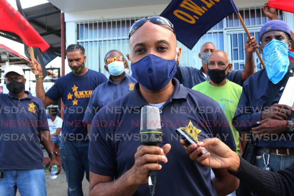 OWTU chief labour relations officer Lindon Mendoza spoke with press on behalf of ex-Lennox petroleum workers who staged a protest at a carpark of the company's Princess Margret Street, San Fernando office last Thursday. - Marvin Hamilton