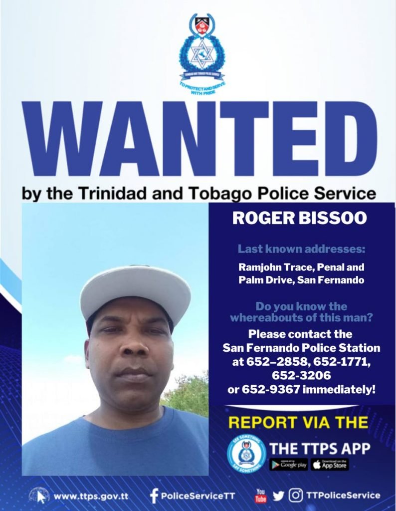 WANTED:  A wanted poster sent as part of a press release on Friday by the police service showing Roger Bissoo who is now wanted after jumping bail on an attempted murder charge. PHOTO COURTESY TTPS -