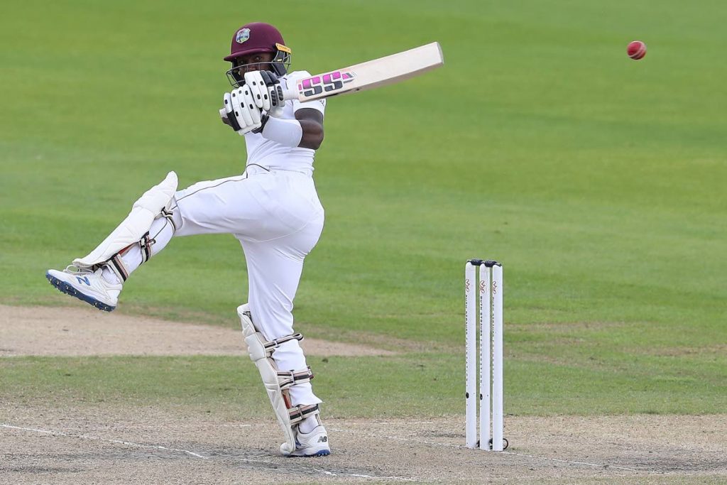 West Indies’ Jermaine Blackwood plays a shot on the final day of the third Test against England at Old Trafford in Manchester, northwest England on July 28, 2020. - 