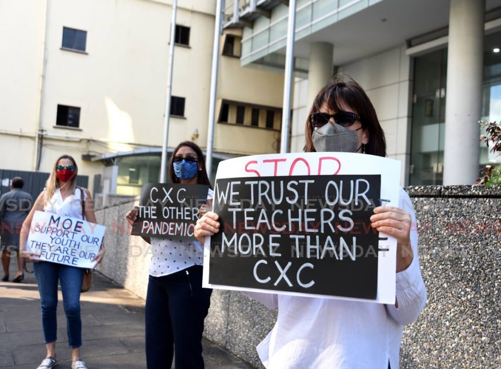 Parents of students who wrote the CAPE and CSEC exams set by CXC protest outside of the Education Minister, St Vincent Street, Port of Spain on November 11, 2020. The TT Unified Teachers' Association says the CXC model must be restructured in the wake of complaints about the 2020 exam results. File photo  