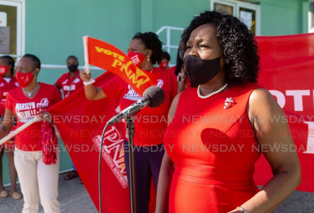 File photo: The PNM’s Marslyn Melville-Jack speaks to supporters after filing her nomination paper last week.  - 