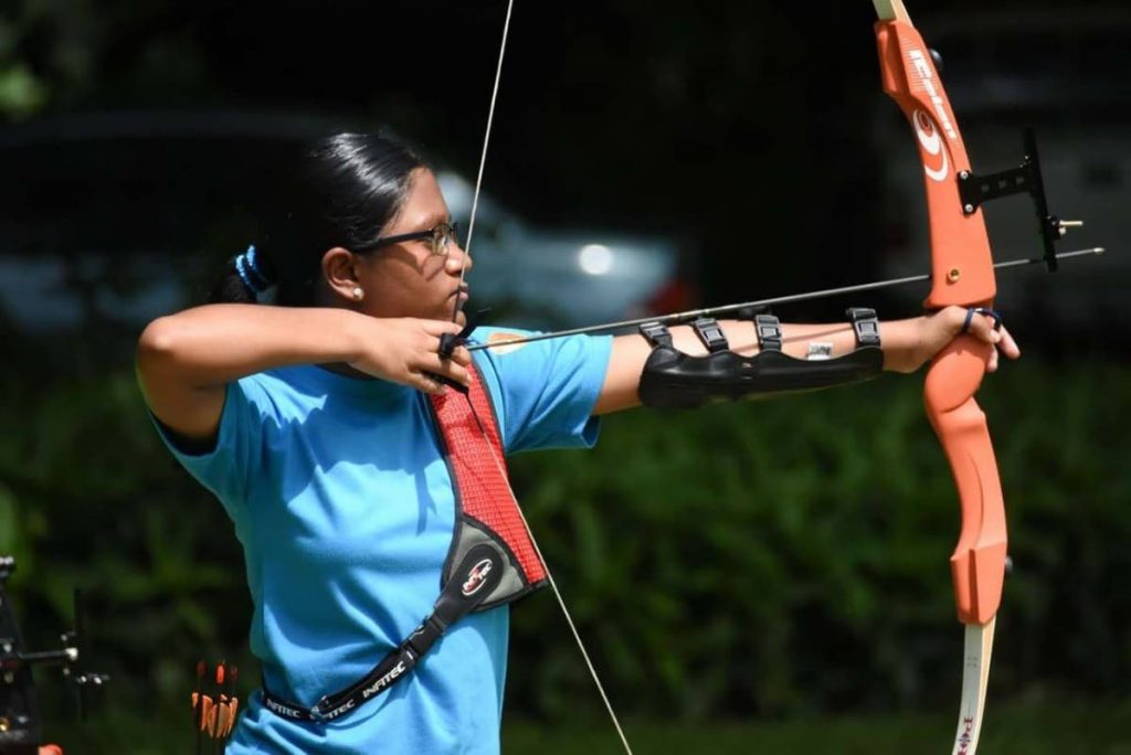 In this July 8, 2018 file photo, Mayah Khan takes part in the National Youth Outdoor Archery championship, at Tucker Valley Chaguaramas. - 
