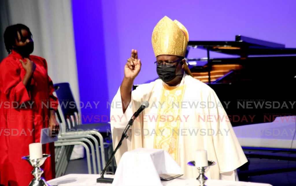 Anglican Bishop the Right Rev Claude Berkley gives the sermon at Bishop Anstey High School 100th  Anniversary Mass at Queen's Hall on Sunday. - SUREASH CHOLAI